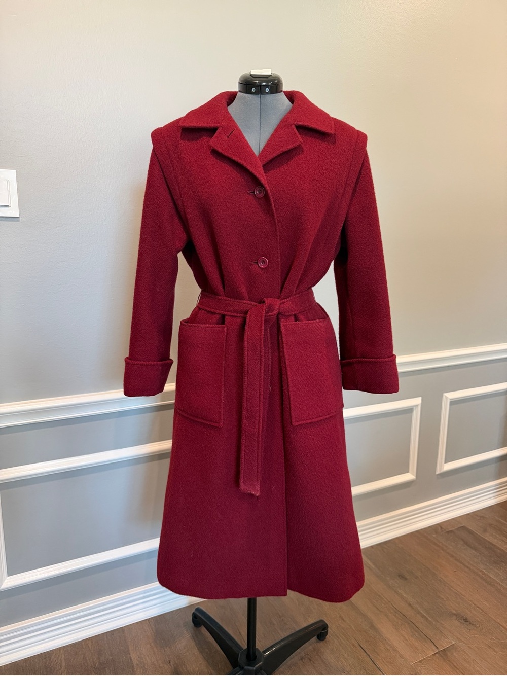 Aquascutum 90s Vintage London Red Wool Belted Trench Coat